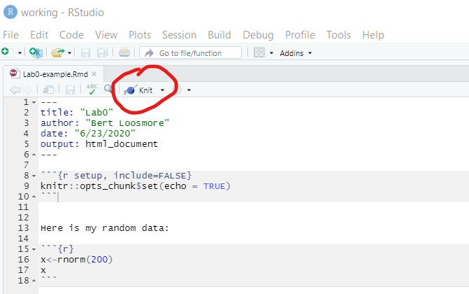 The location of the Knit button is shown in the red circle. Use this button to create an *.html file output.