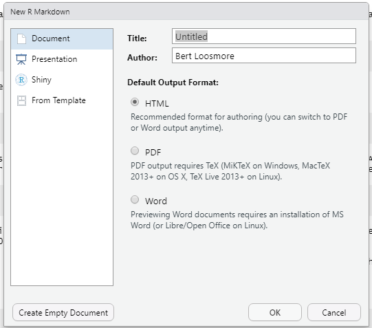 The New R Markdown file dialog box.
